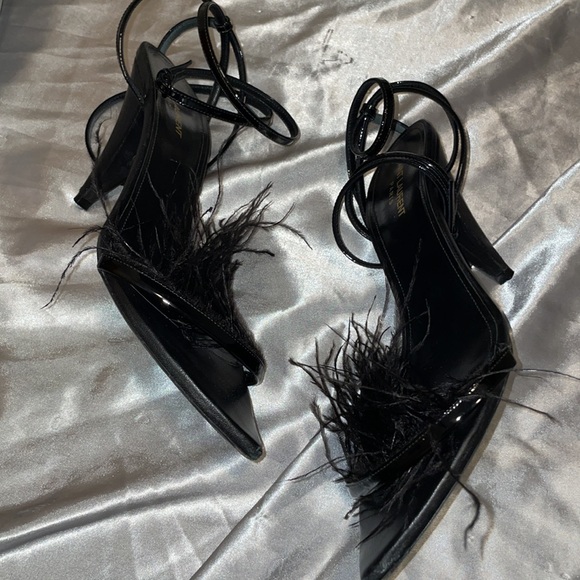 Saint Laurent  Black Patent Ostrich Feathers Ankle Strap Sandals Size 41 - Picture 6 of 8